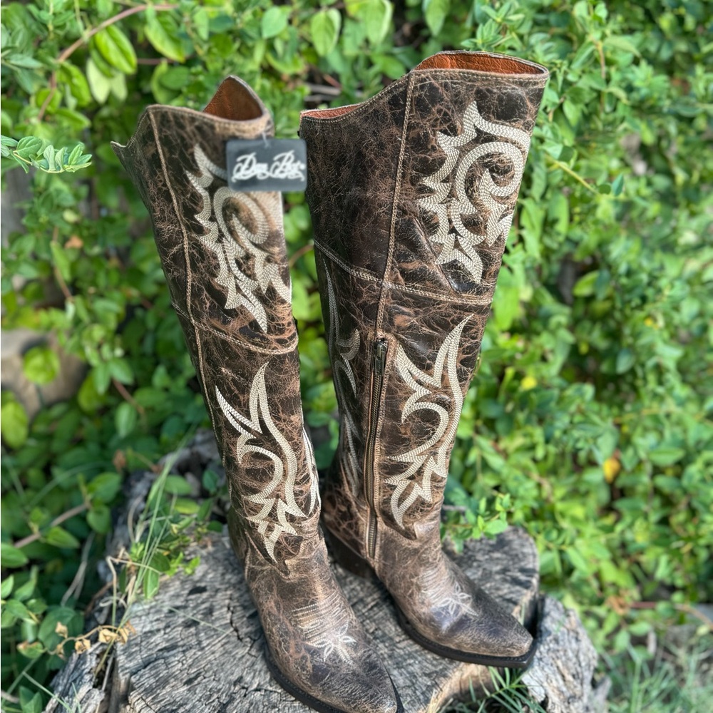Brown, size 7 Dan Post knee high cowgirl boots! Never worn, perfect condition!